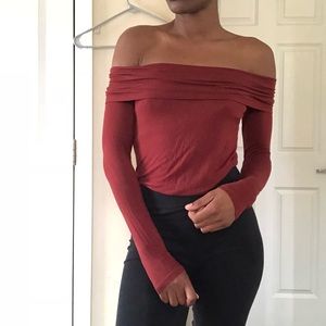 Red/burgundy off shoulder fold-over long sleeve